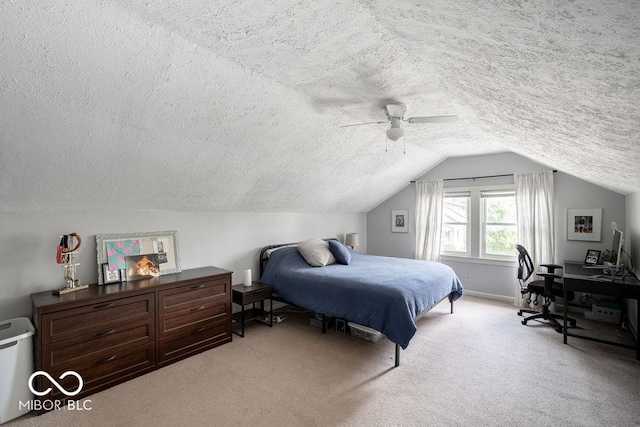 3934 N Kenwood Ave, Indianapolis, IN 46208 - bedroom featuring a textured ceiling, light carpet, lofted ceiling, and ceiling fan