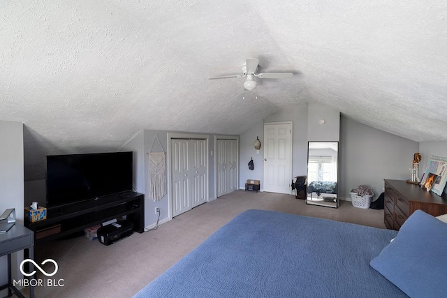 3934 N Kenwood Ave, Indianapolis, IN 46208 - bedroom featuring multiple closets, a textured ceiling, carpet, vaulted ceiling, and a ceiling fan