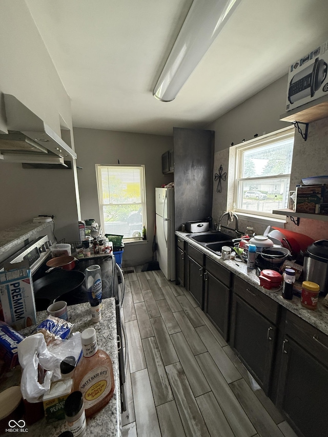 kitchen featuring freestanding refrigerator, light wood-style flooring, a sink, under cabinet range hood, and light countertops