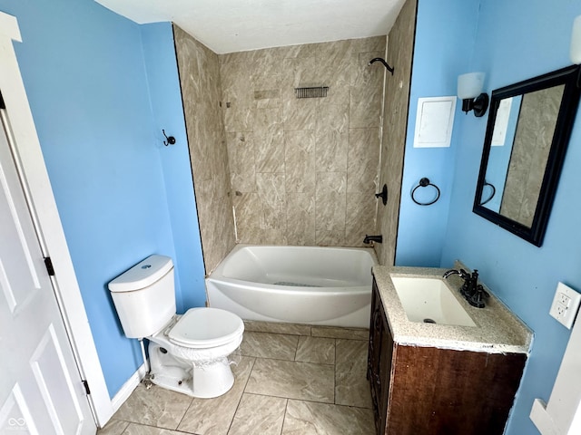 104 W Pearl St, Trafalgar, IN 46181 - bathroom featuring toilet,  shower combination, vanity, marble finish floors, and baseboards
