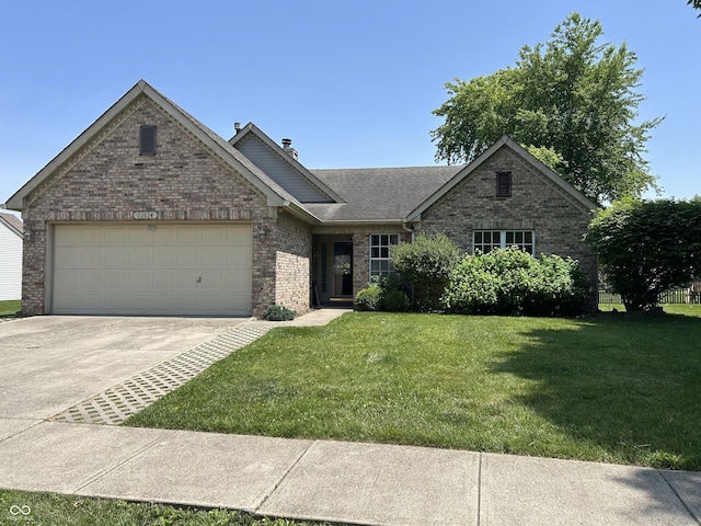 11014 Lake Run Dr, Fishers, IN 46038 - single story home featuring brick siding, an attached garage, a front yard, concrete driveway, and a chimney