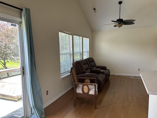 11014 Lake Run Dr, Fishers, IN 46038 - sitting room featuring wood finished floors, a ceiling fan, baseboards, and high vaulted ceiling