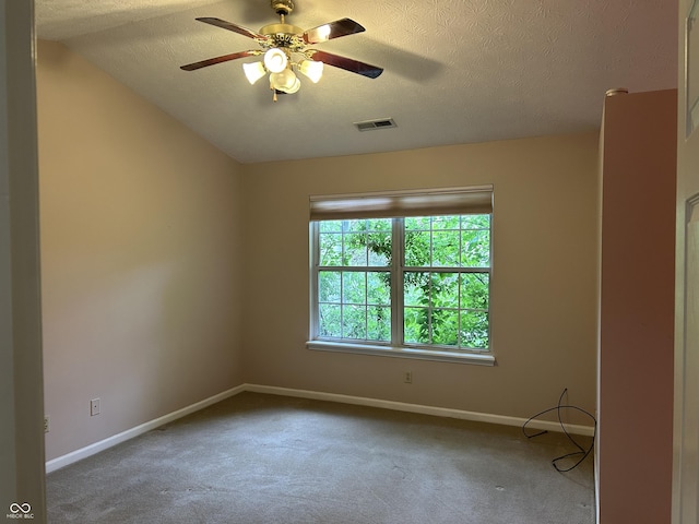 11014 Lake Run Dr, Fishers, IN 46038 - unfurnished room with a textured ceiling, carpet floors, a ceiling fan, baseboards, and lofted ceiling