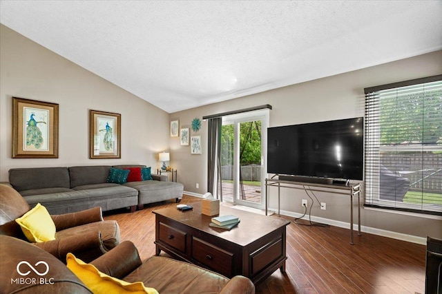 11041 Limbach Cir, Indianapolis, IN 46236 - living room with hardwood / wood-style flooring, baseboards, vaulted ceiling, and a textured ceiling