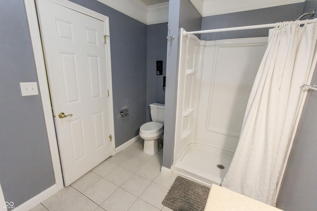7093 Republic Ln, Indianapolis, IN 46259 - full bathroom featuring tile patterned flooring, a stall shower, toilet, baseboards, and crown molding