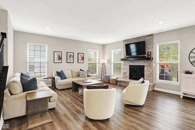 4602 Hayward Way, Westfield, IN 46062 - living room with dark wood finished floors, a fireplace, baseboards, and recessed lighting