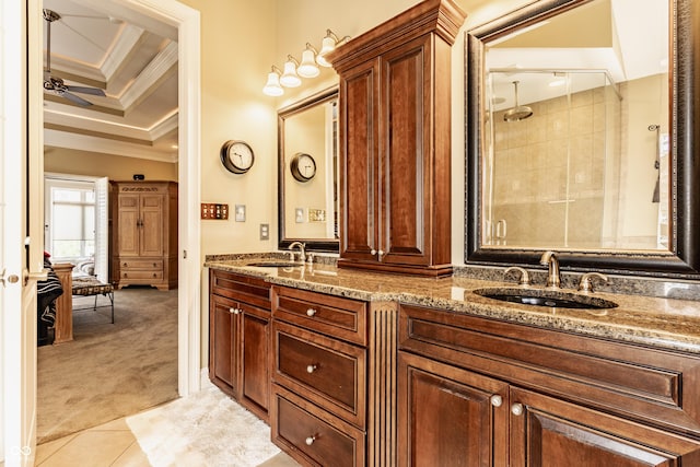 4930 Benthaven Dr E, Bargersville, IN 46106 - full bath with crown molding, double vanity, a tile shower, tile patterned floors, and ceiling fan