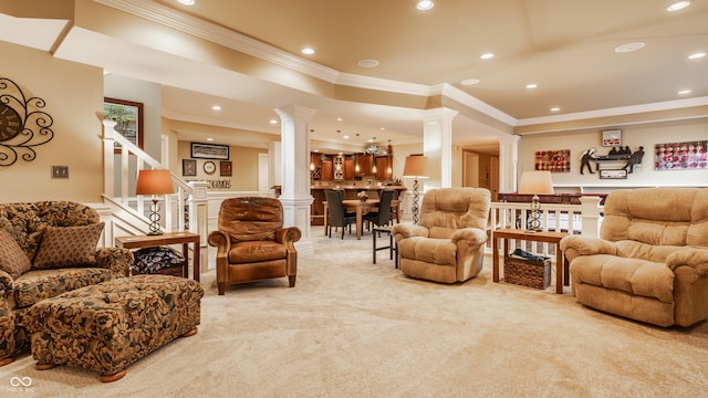 4930 Benthaven Dr E, Bargersville, IN 46106 - living area with decorative columns, light carpet, ornamental molding, recessed lighting, and stairs