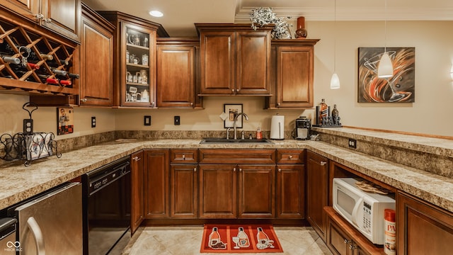4930 Benthaven Dr E, Bargersville, IN 46106 - kitchen featuring dishwasher, white microwave, glass insert cabinets, ornamental molding, and light countertops