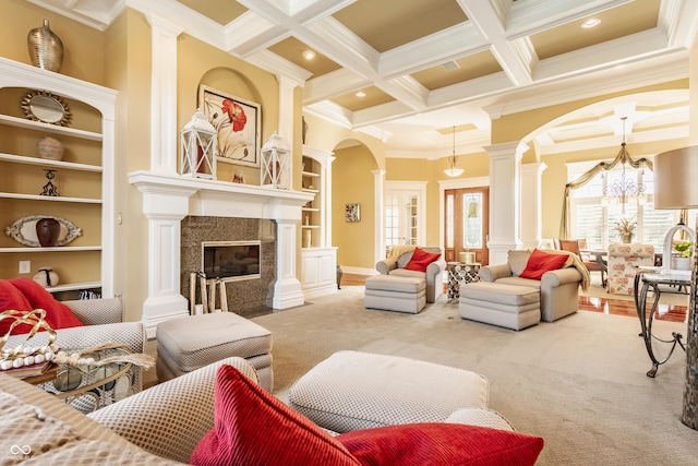 4930 Benthaven Dr E, Bargersville, IN 46106 - living room featuring ornate columns, carpet floors, ornamental molding, beamed ceiling, and arched walkways