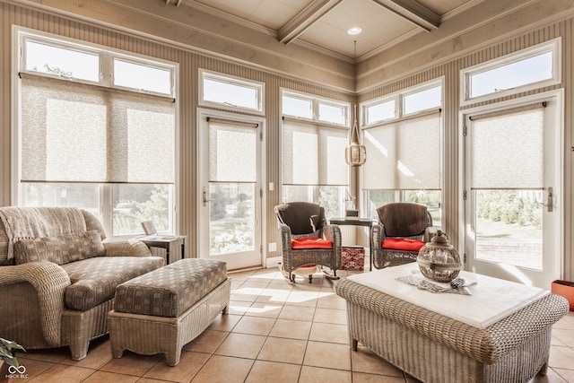 4930 Benthaven Dr E, Bargersville, IN 46106 - sunroom featuring tile patterned flooring, plenty of natural light, crown molding, beam ceiling, and coffered ceiling