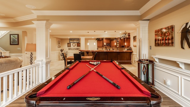 4930 Benthaven Dr E, Bargersville, IN 46106 - recreation room with ornate columns, a decorative wall, pool table, crown molding, and wainscoting