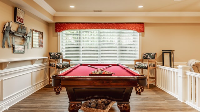 4930 Benthaven Dr E, Bargersville, IN 46106 - recreation room with crown molding, billiards table, wood finished floors, a decorative wall, and recessed lighting