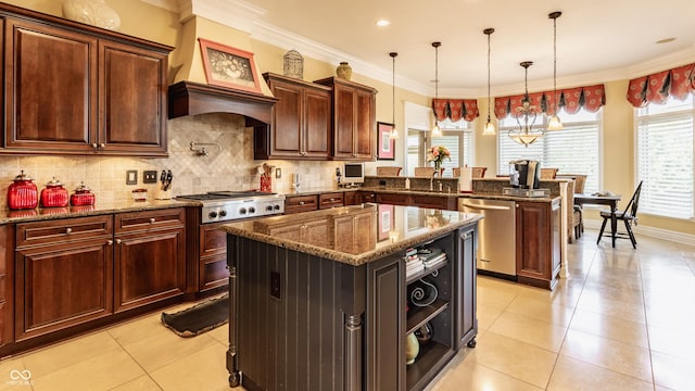4930 Benthaven Dr E, Bargersville, IN 46106 - kitchen with appliances with stainless steel finishes, light tile patterned floors, custom exhaust hood, tasteful backsplash, and a peninsula