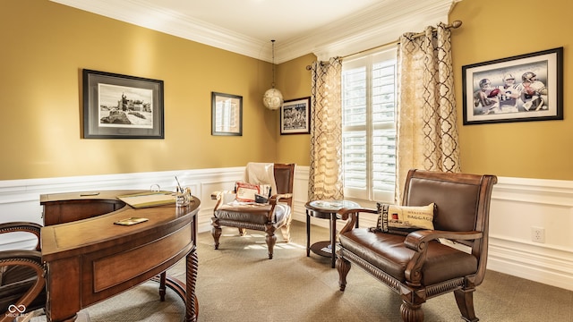 4930 Benthaven Dr E, Bargersville, IN 46106 - living area with carpet flooring, a wainscoted wall, crown molding, and a decorative wall