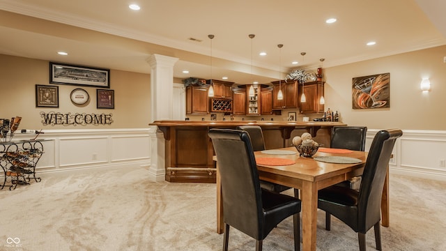 4930 Benthaven Dr E, Bargersville, IN 46106 - dining room featuring light colored carpet, a decorative wall, wet bar, ornamental molding, and recessed lighting