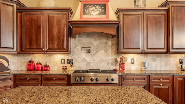 4930 Benthaven Dr E, Bargersville, IN 46106 - kitchen with range, light stone countertops, custom range hood, and backsplash