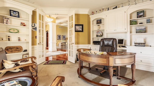 4930 Benthaven Dr E, Bargersville, IN 46106 - office space with decorative columns, light colored carpet, french doors, built in features, and ornamental molding
