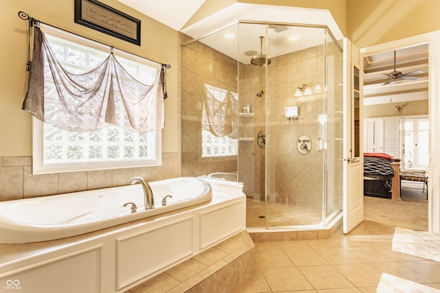 4930 Benthaven Dr E, Bargersville, IN 46106 - bathroom featuring a bath, a stall shower, tile patterned flooring, ceiling fan, and ensuite bathroom
