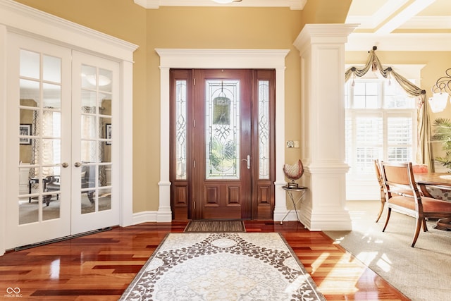 4930 Benthaven Dr E, Bargersville, IN 46106 - entrance foyer featuring wood finished floors, plenty of natural light, decorative columns, crown molding, and french doors
