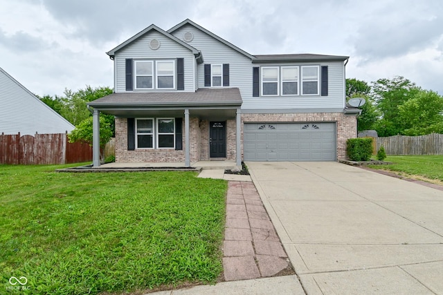 9206 Huntleigh Cir, Plainfield, IN 46168 - traditional-style house with an attached garage, driveway, brick siding, a porch, and a shingled roof