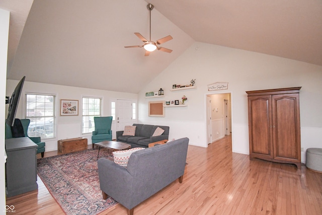 60 Bittersweet Ct, Seymour, IN 47274 - living room featuring a ceiling fan, light wood-style floors, and high vaulted ceiling