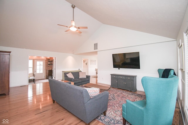 60 Bittersweet Ct, Seymour, IN 47274 - living area featuring high vaulted ceiling, ceiling fan, and light wood finished floors