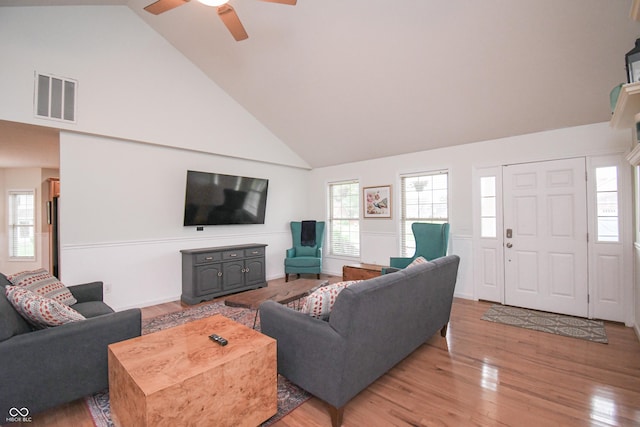 60 Bittersweet Ct, Seymour, IN 47274 - living area featuring high vaulted ceiling, light wood-style floors, and ceiling fan