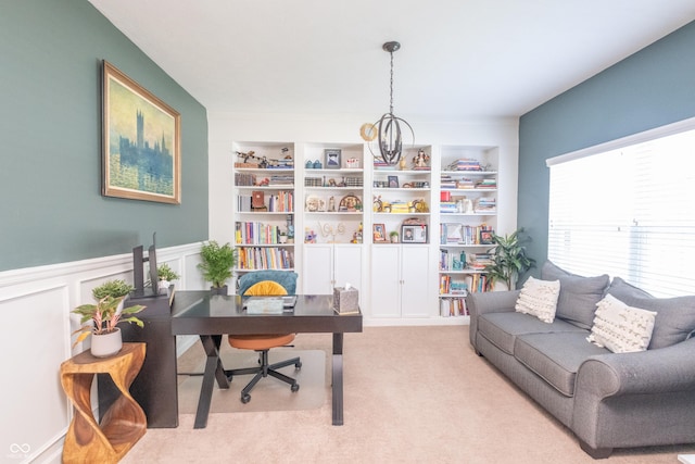 935 Northwich Ave, Westfield, IN 46074 - carpeted home office with a chandelier, a wainscoted wall, built in features, and a decorative wall