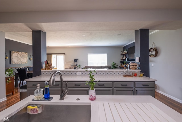 935 Northwich Ave, Westfield, IN 46074 - kitchen featuring gray cabinetry, dark wood-style flooring, light countertops, baseboards, and open floor plan