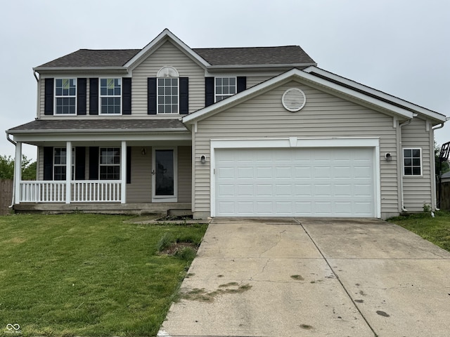 8939 Newchurch Blvd, Indianapolis, IN 46231 - view of front of property with driveway, a porch, a front yard, a garage, and roof with shingles