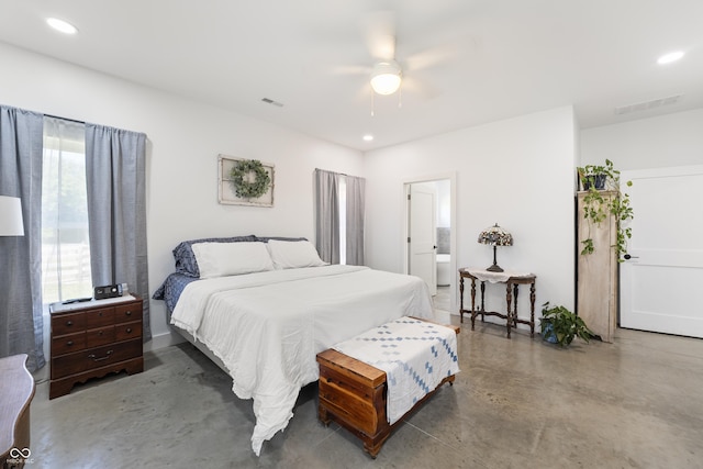 10104 E 850 S, Elizabethtown, IN 47232 - bedroom with finished concrete floors, recessed lighting, ceiling fan, and ensuite bathroom