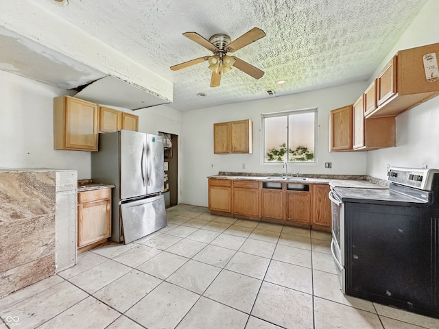 1947 N Parker Ave, Indianapolis, IN 46218 - kitchen featuring appliances with stainless steel finishes, a sink, light tile patterned flooring, ceiling fan, and a textured ceiling