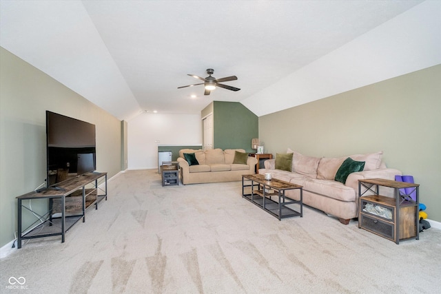 5304 Maywood Dr, Whitestown, IN 46075 - living area featuring vaulted ceiling, carpet flooring, ceiling fan, and baseboards