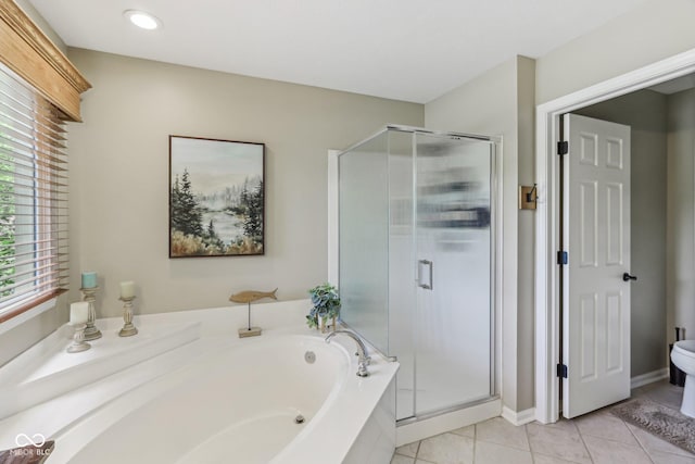 10759 Sawgrass Dr, Fishers, IN 46037 - full bathroom featuring a stall shower, a garden tub, tile patterned flooring, and recessed lighting