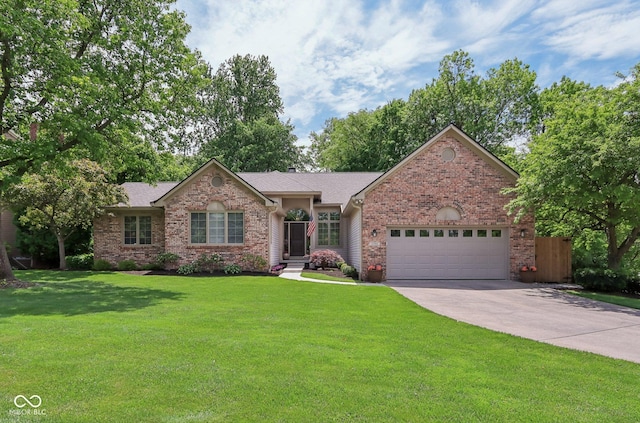 10759 Sawgrass Dr, Fishers, IN 46037 - ranch-style home featuring a garage, brick siding, concrete driveway, a front lawn, and a shingled roof