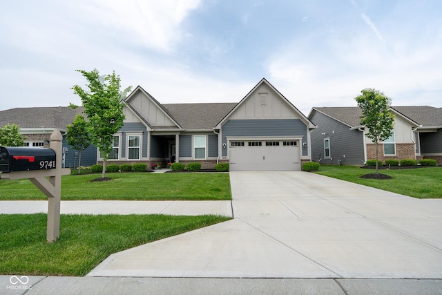 9741 Haughton Ln, Mccordsville, IN 46055 - craftsman-style home with board and batten siding, a front lawn, an attached garage, and driveway