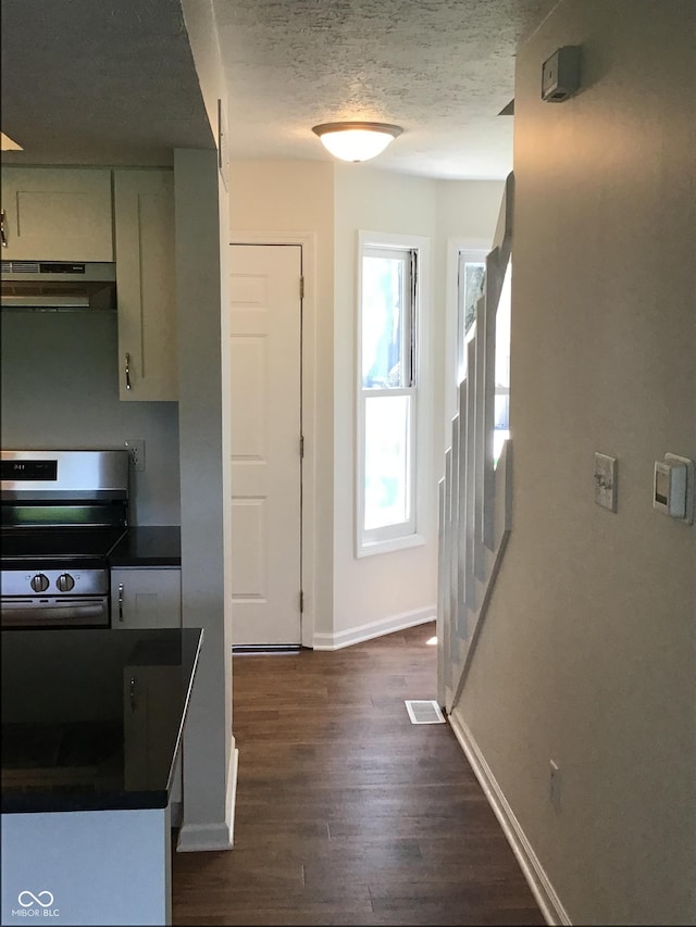 6070 Southbay Dr, Indianapolis, IN 46250 - kitchen featuring under cabinet range hood, stainless steel electric range oven, dark wood-style floors, dark countertops, and a textured ceiling