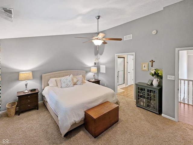 319 Mcintosh Ln, Westfield, IN 46074 - bedroom featuring carpet flooring, baseboards, high vaulted ceiling, and ceiling fan
