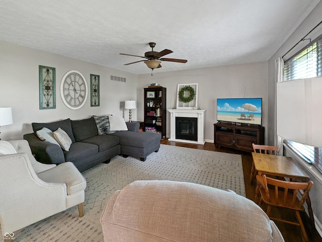 319 Mcintosh Ln, Westfield, IN 46074 - living room featuring ceiling fan, wood finished floors, a glass covered fireplace, and baseboards