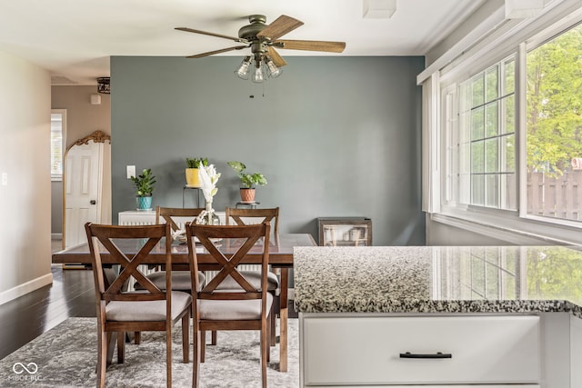 800 E 104th St, Carmel, IN 46280 - dining space featuring ceiling fan, wood finished floors, and baseboards