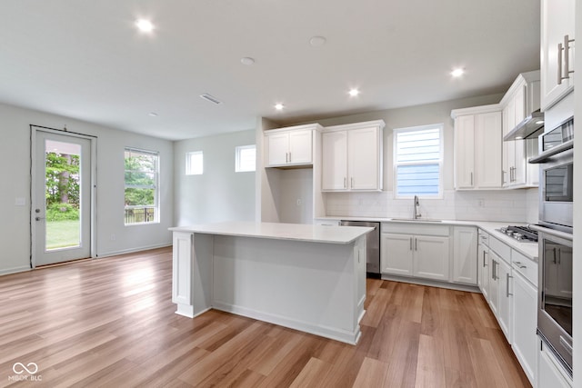 7248 Covington St, Lebanon, IN 46052 - kitchen with a sink, appliances with stainless steel finishes, light wood-style floors, a kitchen island, and healthy amount of natural light