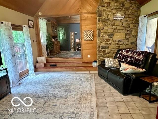 6774 S Becks Grove Rd, Freetown, IN 47235 - tiled living room with lofted ceiling