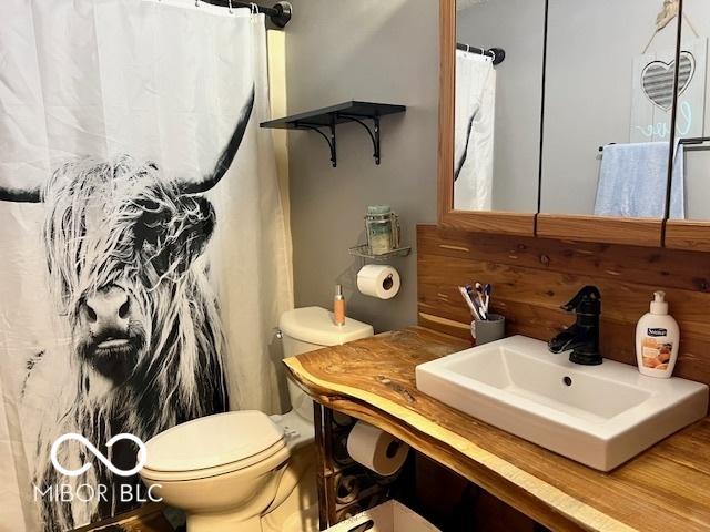 6774 S Becks Grove Rd, Freetown, IN 47235 - full bath featuring toilet, vanity, and curtained shower