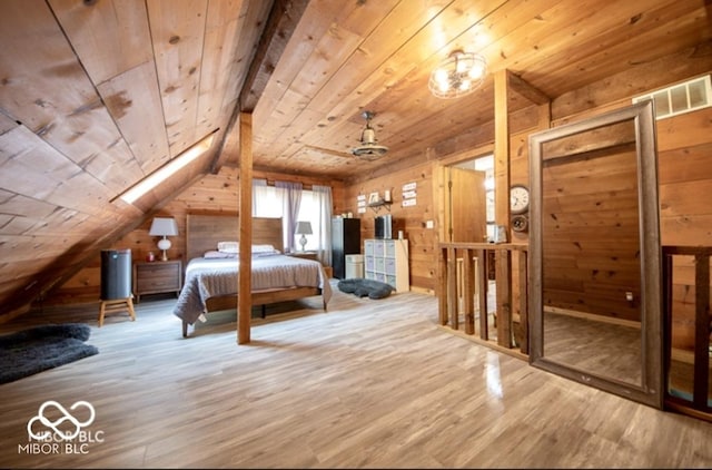6774 S Becks Grove Rd, Freetown, IN 47235 - bedroom featuring wood ceiling, wood walls, wood finished floors, and lofted ceiling