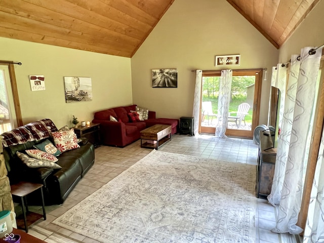 6774 S Becks Grove Rd, Freetown, IN 47235 - living area with wooden ceiling, tile patterned floors, and high vaulted ceiling