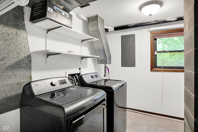 3126 Carriage Rd, West Lafayette, IN 47906 - laundry area with electric panel, washer and clothes dryer, and baseboards