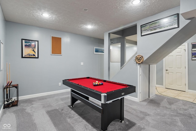 9756 Brook Meadow Dr, Mccordsville, IN 46055 - recreation room featuring carpet floors, a textured ceiling, pool table, baseboards, and recessed lighting