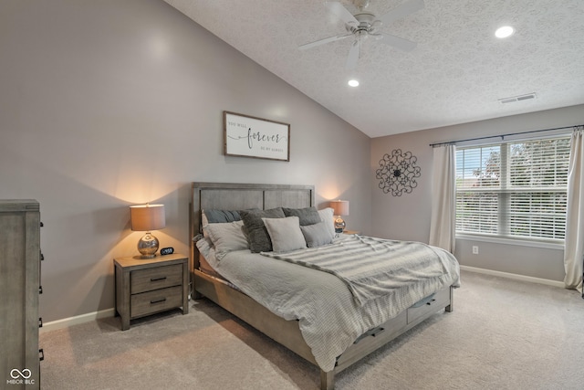 9756 Brook Meadow Dr, Mccordsville, IN 46055 - bedroom with light carpet, baseboards, a textured ceiling, vaulted ceiling, and recessed lighting