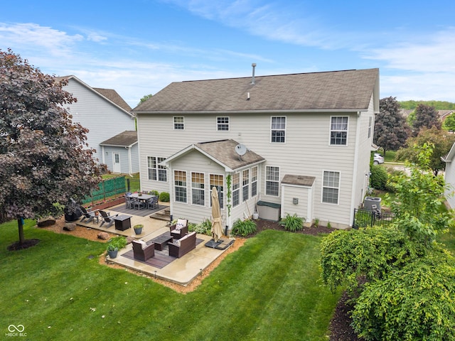 9756 Brook Meadow Dr, Mccordsville, IN 46055 - back of house featuring a patio area, outdoor lounge area, a shingled roof, and central AC unit